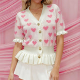 Heart Pattern Half Sleeve Ruffled Hem Cardigan Top