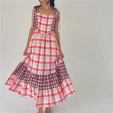 Colour Block Plaid Tie Shoulder Strap Maxi Dress