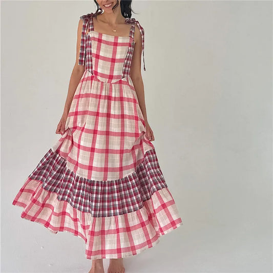 Colour Block Plaid Tie Shoulder Strap Maxi Dress