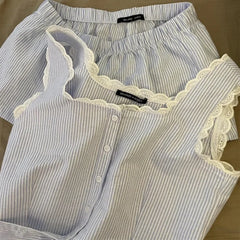 Blue Striped Sleeveless Top And Shorts Set