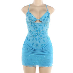 Sequin Spaghetti Strap Mesh Drape Mini Dress