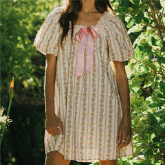 Ribbon Bow Puff Short Sleeve Floral Print Mini Dress