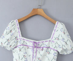 White Floral Print Puff Sleeve Square Neck A-line Mini Dress