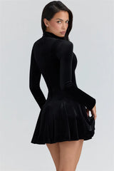 Black Velvet Front Hollow High Neck Long Sleeve Mini Dress