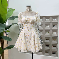 Floral Puff Sleeve Square Collar Mini Dress