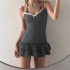 Striped Polka Dot Spaghetti Strap Ruffle Hem Mini Dress