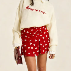 Pleated Heart Printed Mini Skirt