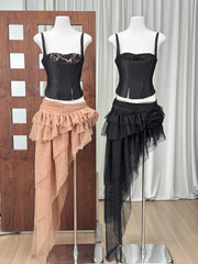 Fishbone Lace-Up Top And Mesh Asymmetrical Skirt Two-Piece Set