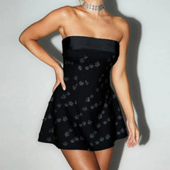 Black strapless dress with floral pattern
