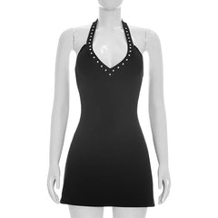 Black Rhinestone Strap Halter Tie Up Mini Dress