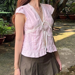 Ruffles Hem Short Sleeve Bow Tie Crop Top