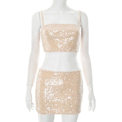 Sequin Spaghetti Straps Crop Tops and Mini Skirt Set