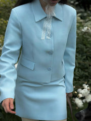 Blue Solid Suit Jacket And Skirt Set