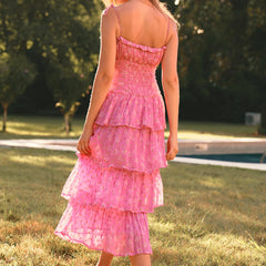 Pink Flower Print Spaghetti Strap Smocked Maxi Dress