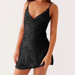 Glitter Cowl Neck Backless Cami Mini Dress