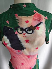 Star Cat Print High Collar Short Sleeve Top