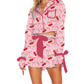 Long Sleeve Bow Print Button Up Top and Shorts Sleepwear Set