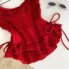 Red Polka Dot Lace Up Ruffle Sleeve Corset Top