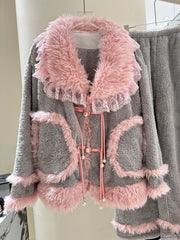 Grey Plush Pink Fur Trim Long Sleeve Shirt And Pants Sleepwear Set
