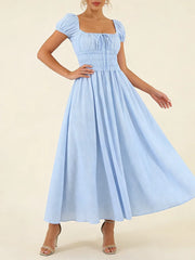 Striped Short Sleeve Ruched Bow Midi Dress