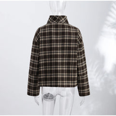 Plaid Asymmetric Button Stand Collar Jacket