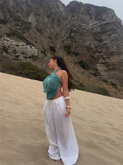 Blue Tie Dye Halter Deep Neck Top