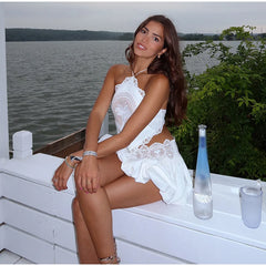 White Doily Lace Neck Tie-Up Top And Mini Bubble Skirt Set