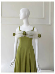 Green Satin Off-shoulder Patchwork Mesh 3d Flower Midi Dress