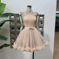 Beige Strapless Tulle Pom Pom Mini Dress