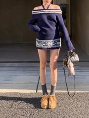Off-Shoulder Sweater Strap Top And Knit Fuzzyh Mini Skirt