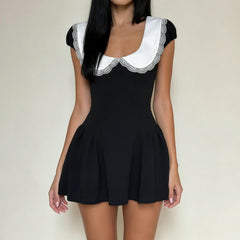 Black Peter Pan Collar Short Sleeve A-line Mini Dress