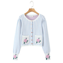 Blue Striped Button Knit Cardigan