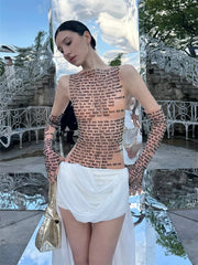 Mesh Letter Printed O-Neck Tank Top With Gloves
