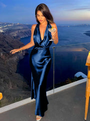 Blue Satin Halter Neck Backless Maxi Dress