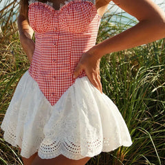 Plaid White Patchwork Eyelet Flare Sling Mini Dress