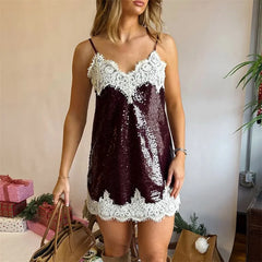 Spaghetti Strap Sequin Lace Patchwork Mini Dress