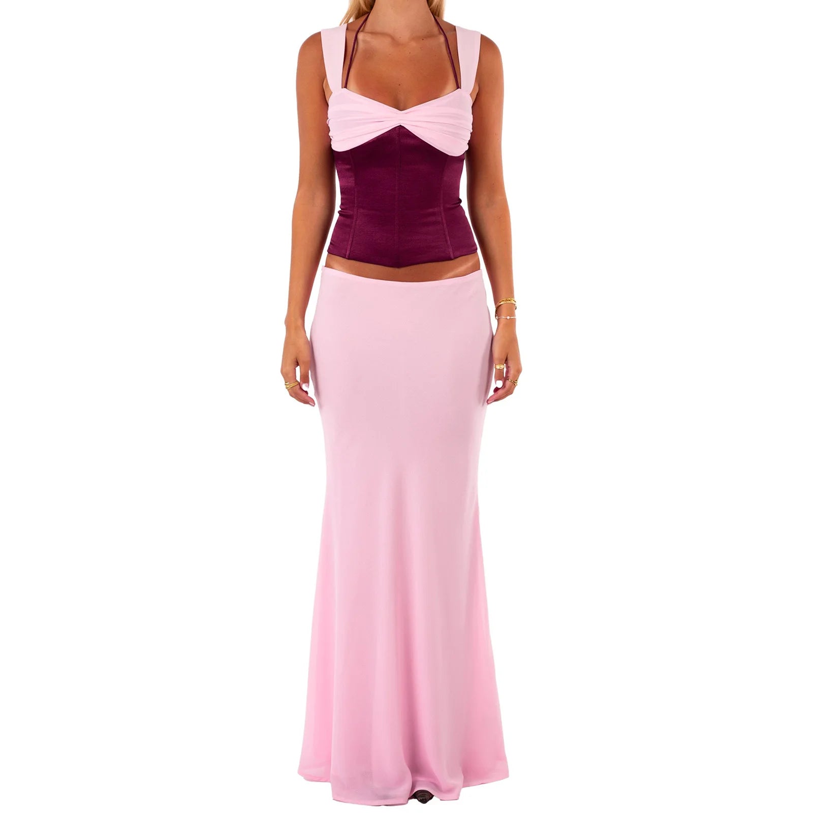 Women's floral lace-up corset crop top and matching mermaid long skirt set.
