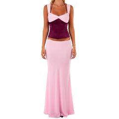 Women's floral lace-up corset crop top and matching mermaid long skirt set.