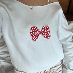 Embroidery Off Shoulder Long Sleeve Pullover