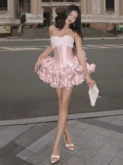Pink Satin Corset 3d Flower Ruffles Mini Dress