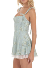 Floral Print Tie Up Strap Pleated Hem Mini Dress