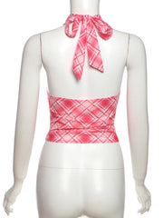 Plaid Halter Backless Tie Up Top