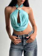 Blue Halter Shell Cowl Crop Top