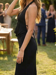 Black Halter Neck Open Back Long Dress