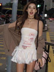 White Puff Strapless Flower Print Mini Dress