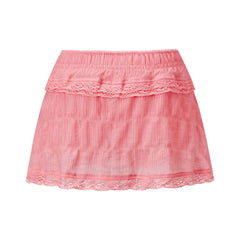 Low Waist Gathered Lace Trim Layered Mini Skort