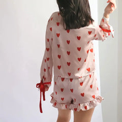 Satin Heart Print Ruffled Hem Pajama Loungewear Set