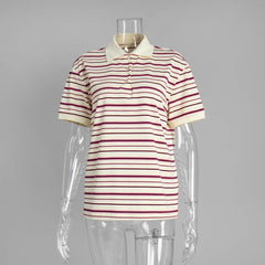 Retro Striped Short Sleeve Polo Neck T-shirt