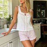 Stripe Ruffle Trim Front Tie Tank Top And Shorts Set
