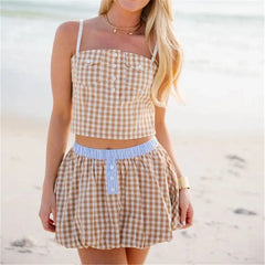 Gingham Spaghetti Strap Crop Top And Bubble Mini Skirt Set
